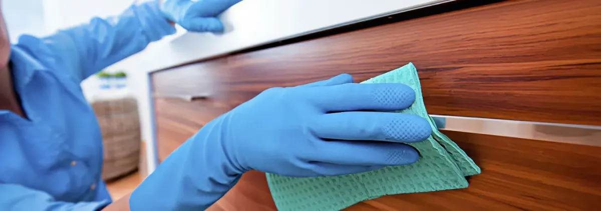 Cleaner wearing blue gloves wiping a wooden cabinet drawer with a microfiber cloth for dust and grime removal, Gilbert, AZ.