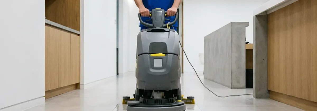 Janitorial staff using a floor scrubber machine to clean a commercial hallway, Gilbert, AZ.