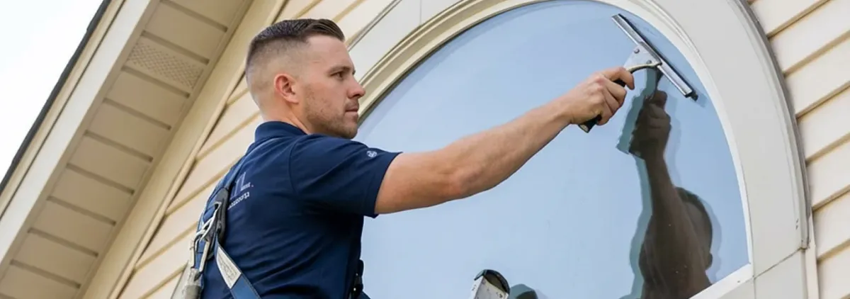 Professional window cleaner using a squeegee to clean an exterior arched window on a home, Gilbert, AZ.
